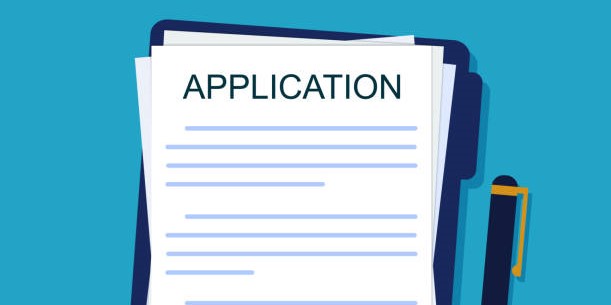 Application form on paper sheet. Agreement document in flat style. Legal paperwork with pen on isolated background. Insurance concept. Apply on job. Report submission. Design vector illustration
