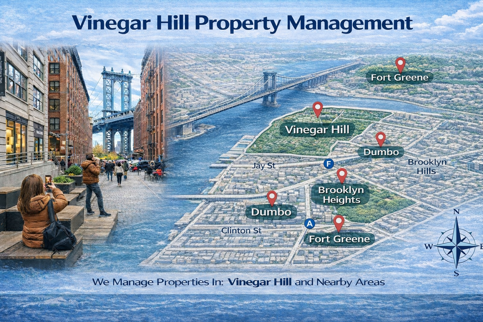 Vinegar Hill Brooklyn property management map showing Dumbo, Brooklyn Heights, and Fort Greene with Manhattan Bridge and surrounding service areas