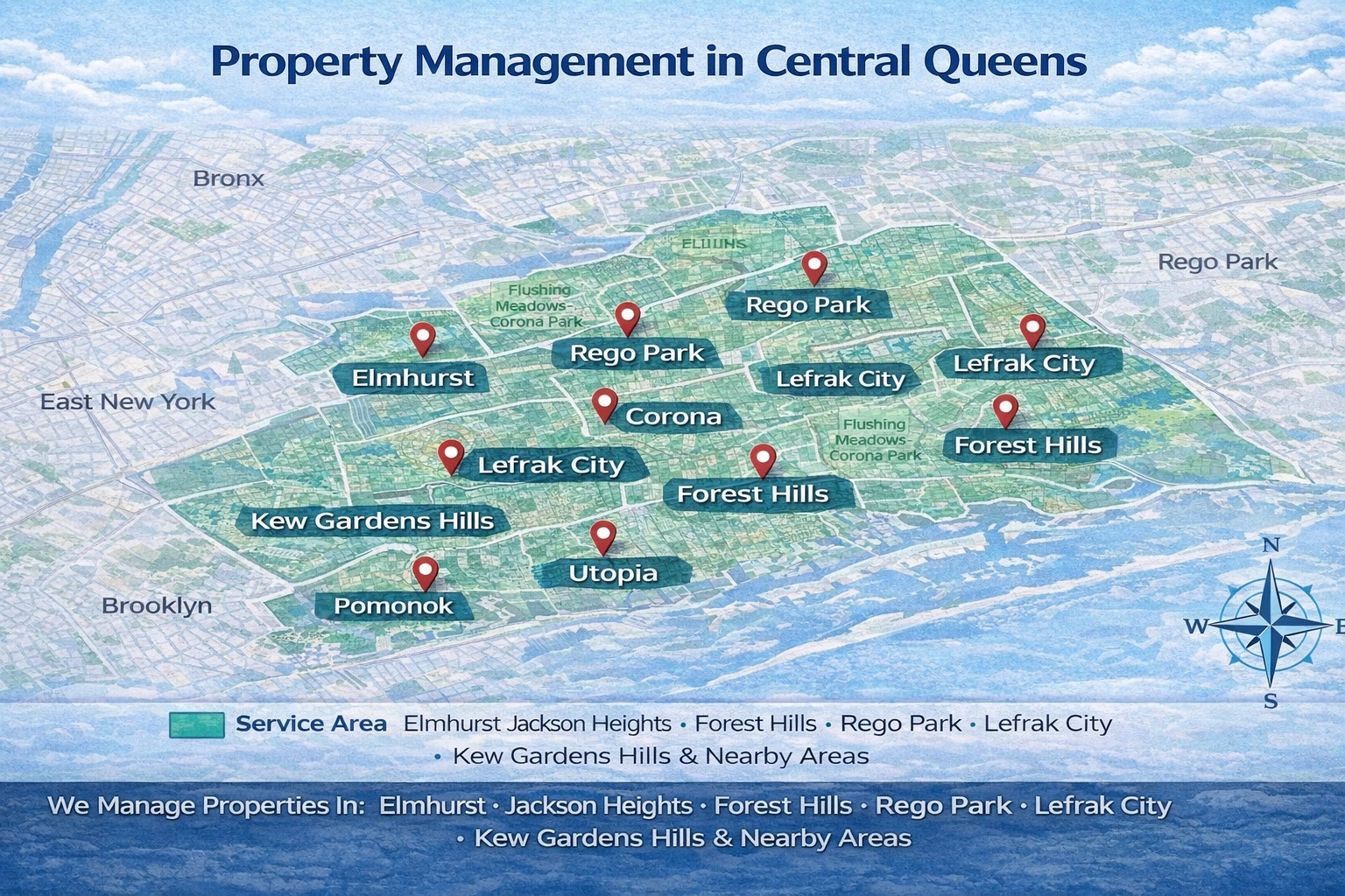 Central Queens property management map showing neighborhoods including Forest Hills, Rego Park, Elmhurst, Jackson Heights, and Corona