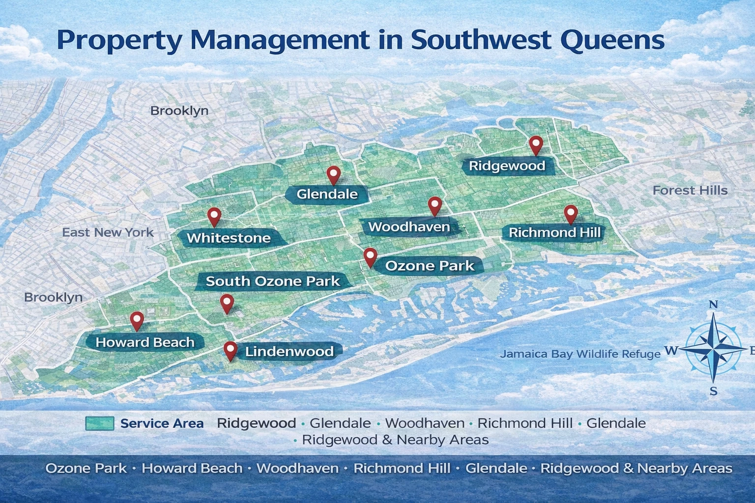 Southeast Queens property management map highlighting Jamaica, Queens Village, Laurelton, and St. Albans