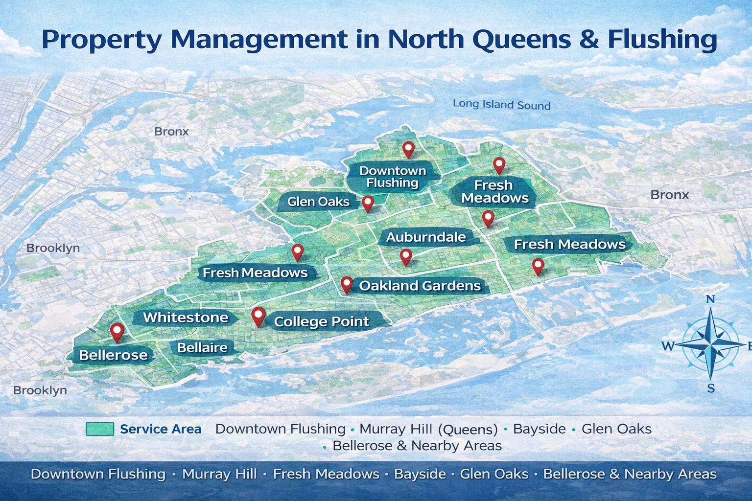North Queens and Flushing property management map highlighting neighborhoods including Downtown Flushing, Bayside, Whitestone, Auburndale, and College Point