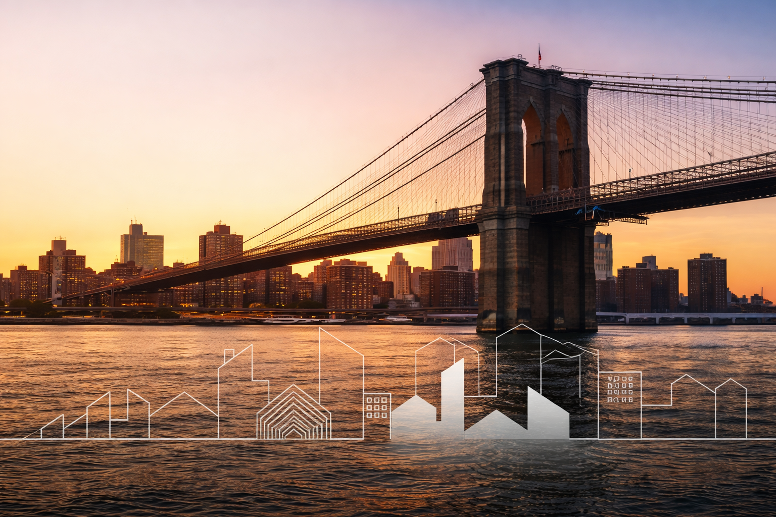 Brooklyn Bridge skyline at sunset over East River with NYC buildings and waterfront property management concept