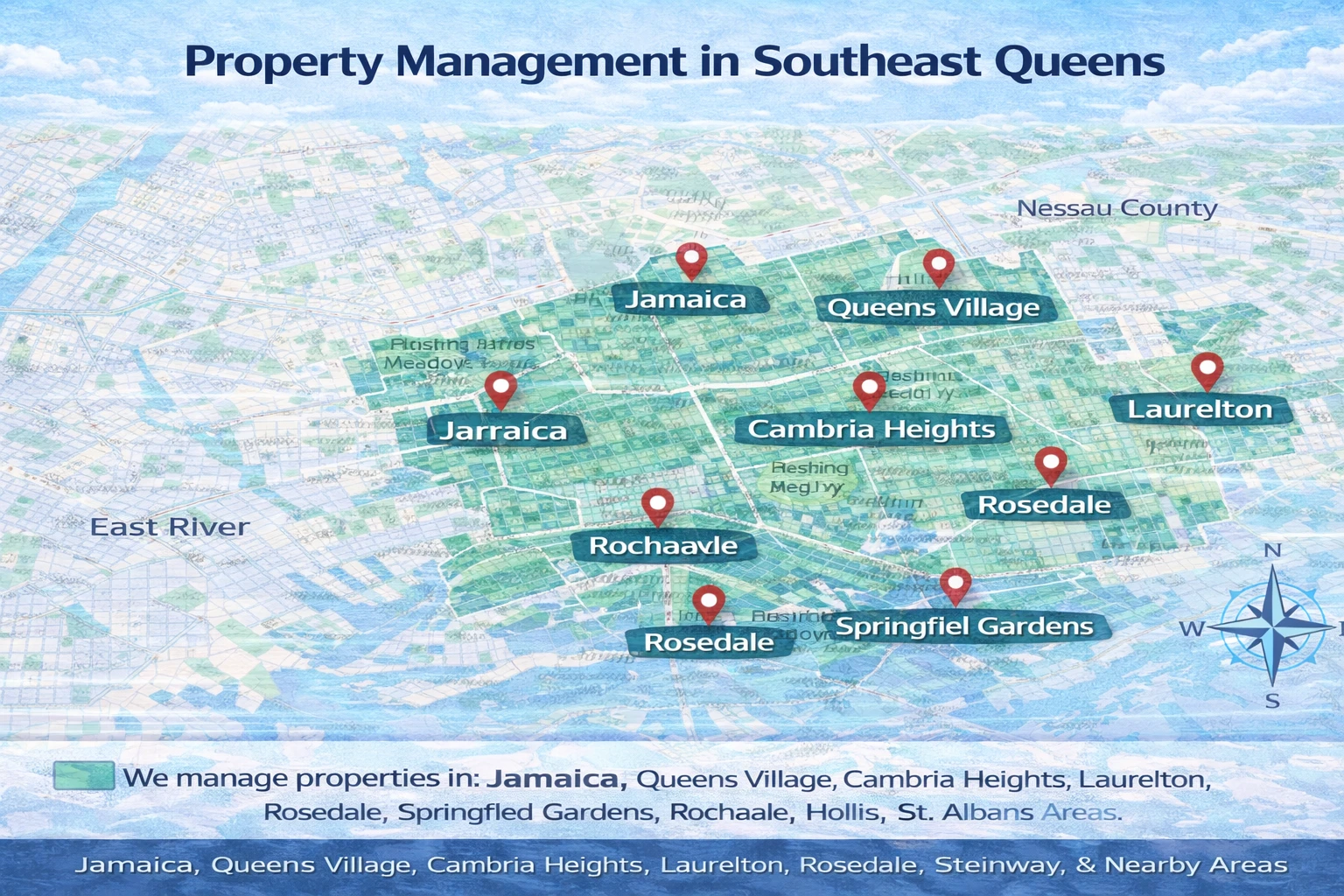 Southeast Queens property management map highlighting Jamaica, St. Albans, Laurelton, Queens Village, and Rosedale
