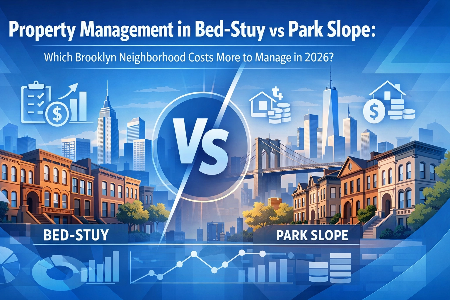 Blue comparison graphic titled &ldquo;Property Management in Bed-Stuy vs Park Slope&rdquo; featuring brownstone buildings, a Brooklyn skyline, financial icons, charts, and a central VS symbol comparing management costs in 2026.