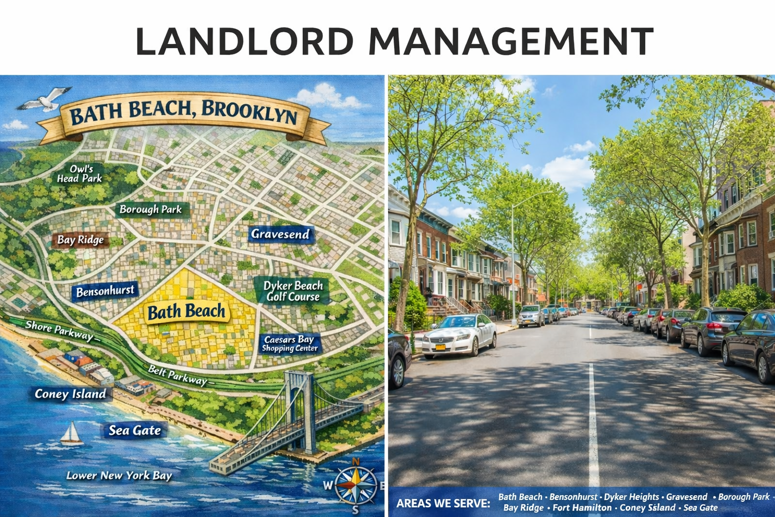Map of Bath Beach, Brooklyn with labeled neighborhoods and a tree-lined street showcasing residential properties, highlighting Landlord Management's service area.