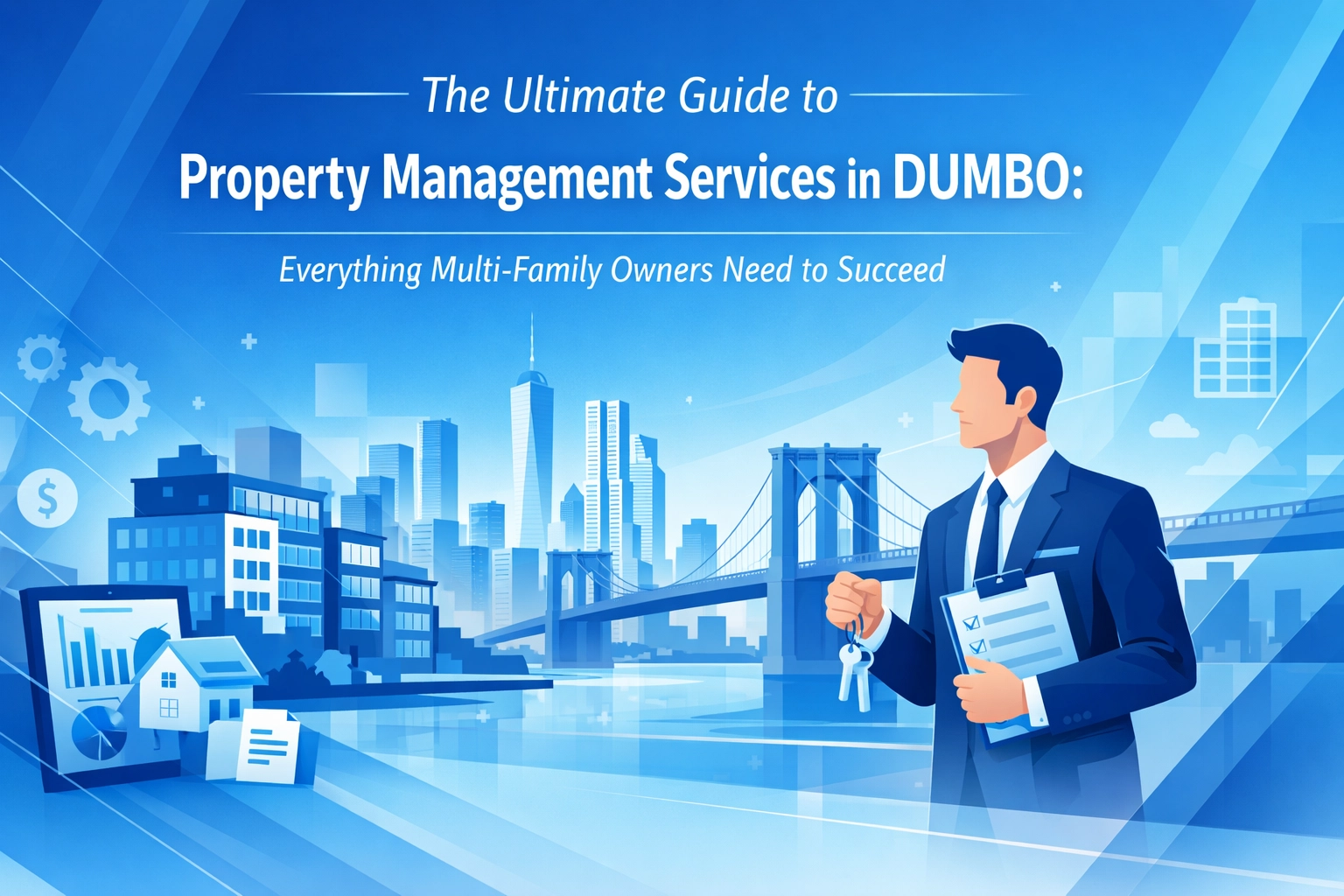 Blue promotional graphic titled “The Ultimate Guide to Property Management Services in DUMBO” featuring a business professional holding keys and a clipboard, Brooklyn Bridge, skyline backdrop, and real estate analytics icons.