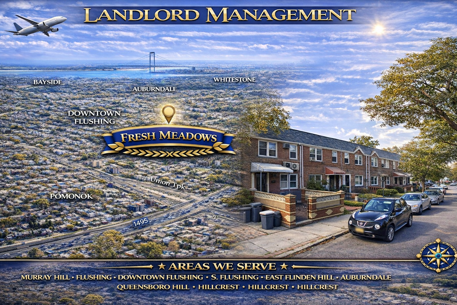 Aerial map view of Fresh Meadows, Queens with surrounding neighborhoods labeled including Bayside, Auburndale, Whitestone, Downtown Flushing, and Pomonok, alongside a residential brick townhouse street scene. “Landlord Management” is displayed at the top and “Areas We Serve” listed at the bottom.