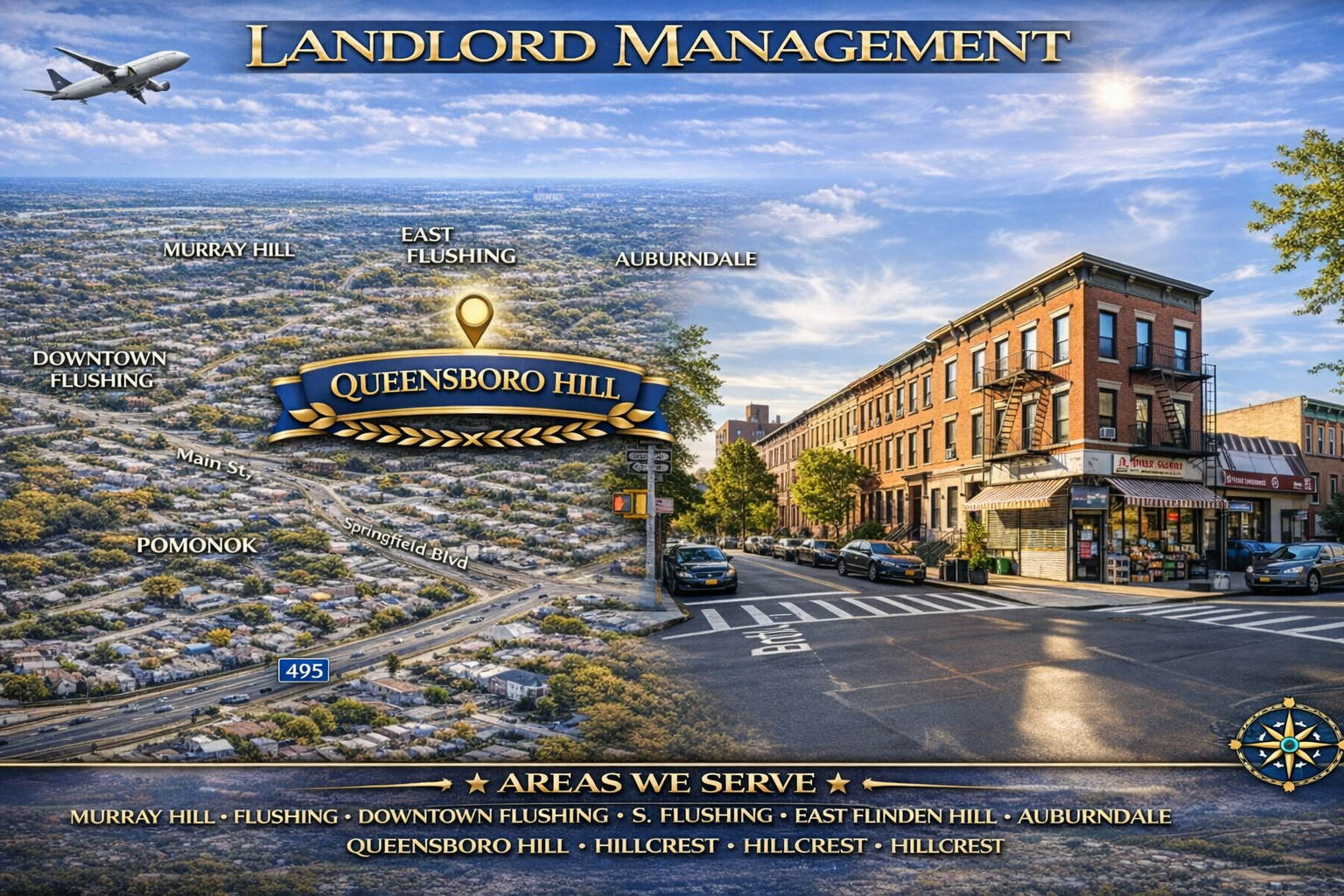 Aerial and commercial street banner of Queensboro Hill, Queens branded “Landlord Management,” highlighting Queensboro Hill, Flushing, Murray Hill, and surrounding neighborhoods served.