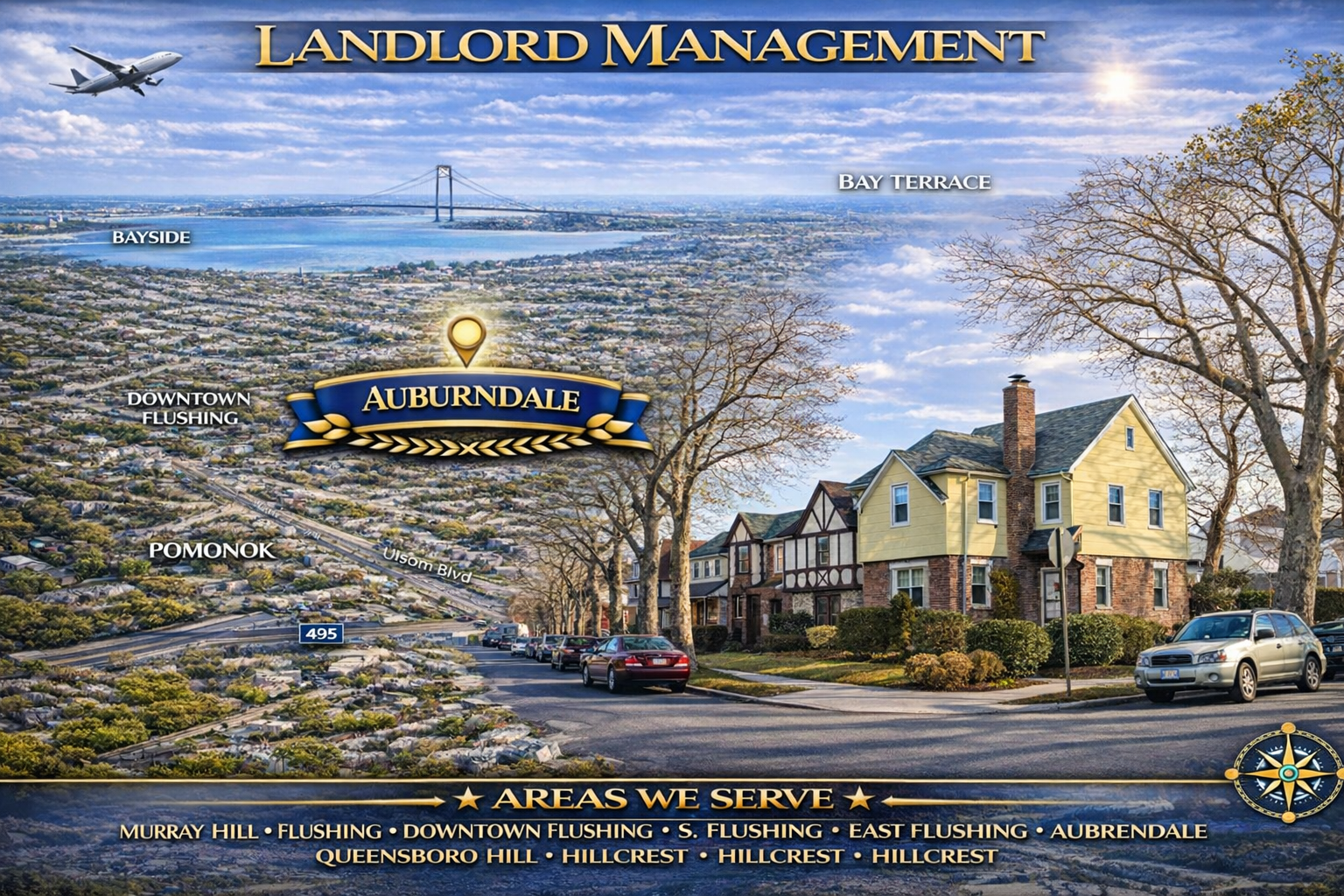 Landlord Management Auburndale Queens property management service area map featuring Auburndale, Murray Hill, Flushing, Queensboro Hill, and Hillcrest with residential neighborhood street view.
