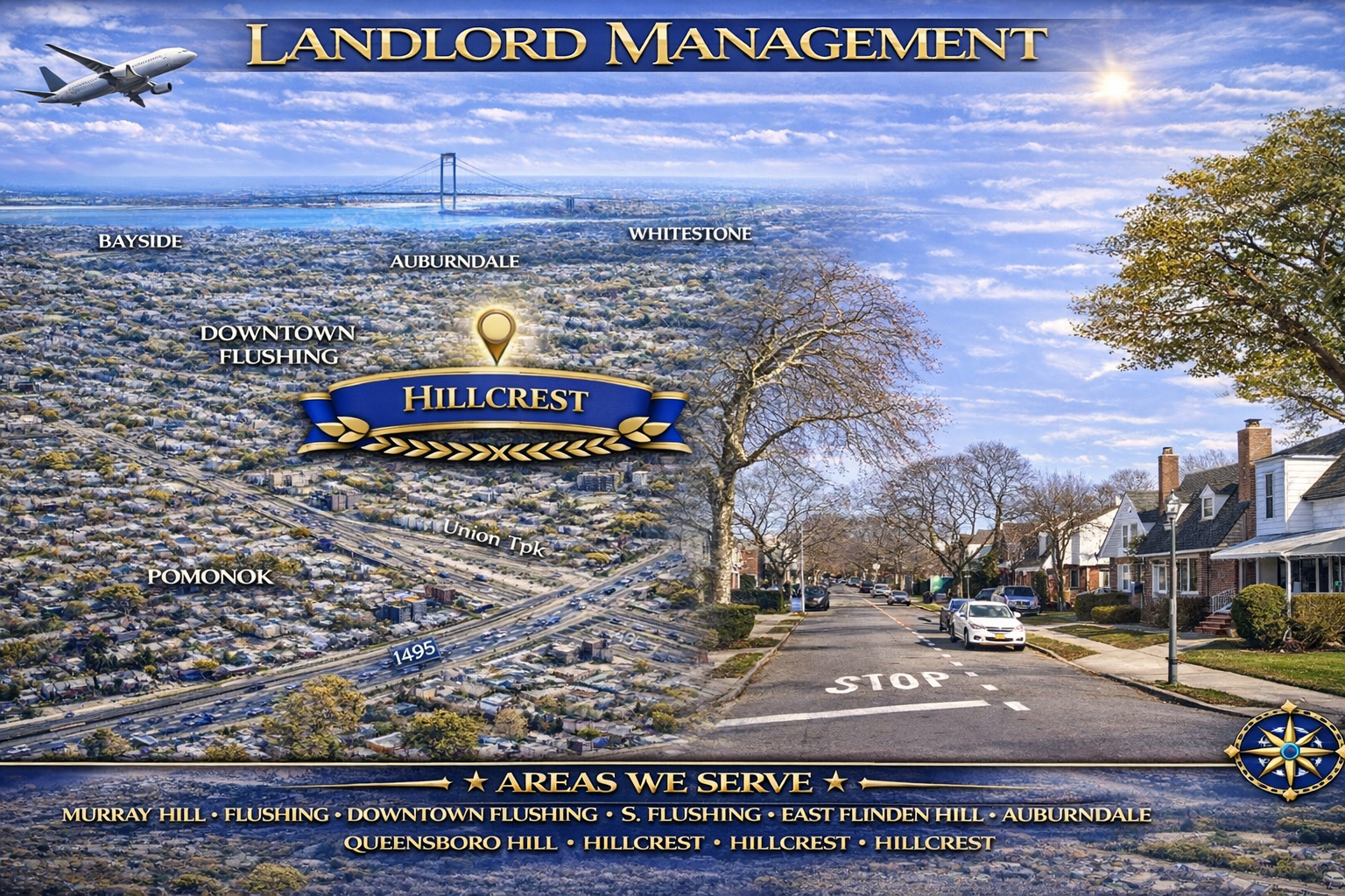 Landlord Management banner highlighting Hillcrest, Queens with an aerial map labeling Bayside, Auburndale, Whitestone, Downtown Flushing, and Pomonok alongside a residential Hillcrest street with single-family homes and tree-lined sidewalks.