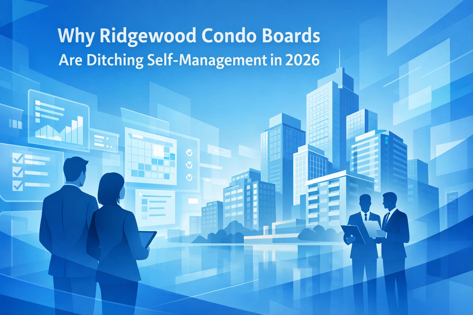 Illustration of condo board members reviewing building management analytics and financial dashboards with city skyline background for article about Ridgewood condo boards moving away from self-management in 2026.