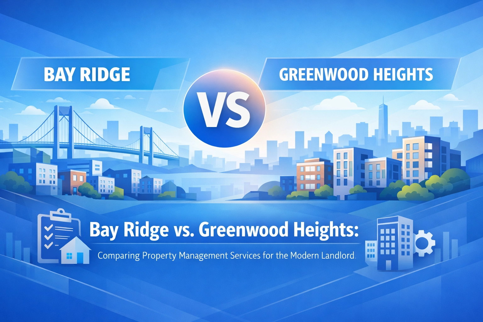 Blue illustrated comparison graphic showing Bay Ridge vs. Greenwood Heights with city skyline, bridge, residential buildings, and text reading “Comparing Property Management Services for the Modern Landlord.”