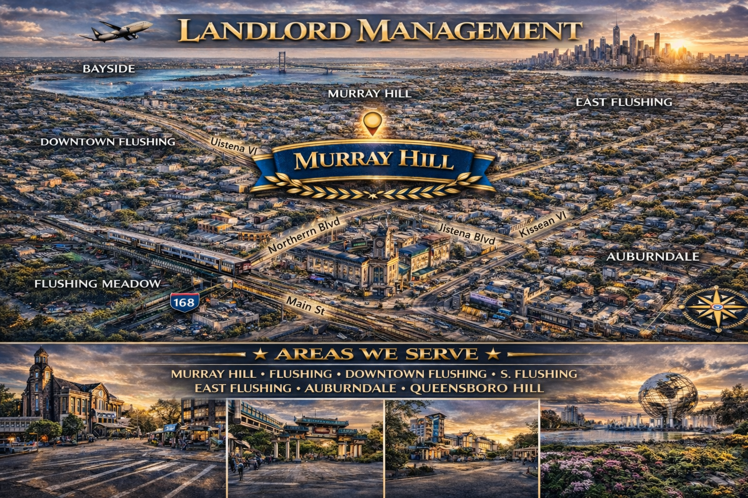 Property management in Murray Hill Queens with map showing Flushing, Downtown Flushing, Auburndale, and East Flushing service areas.