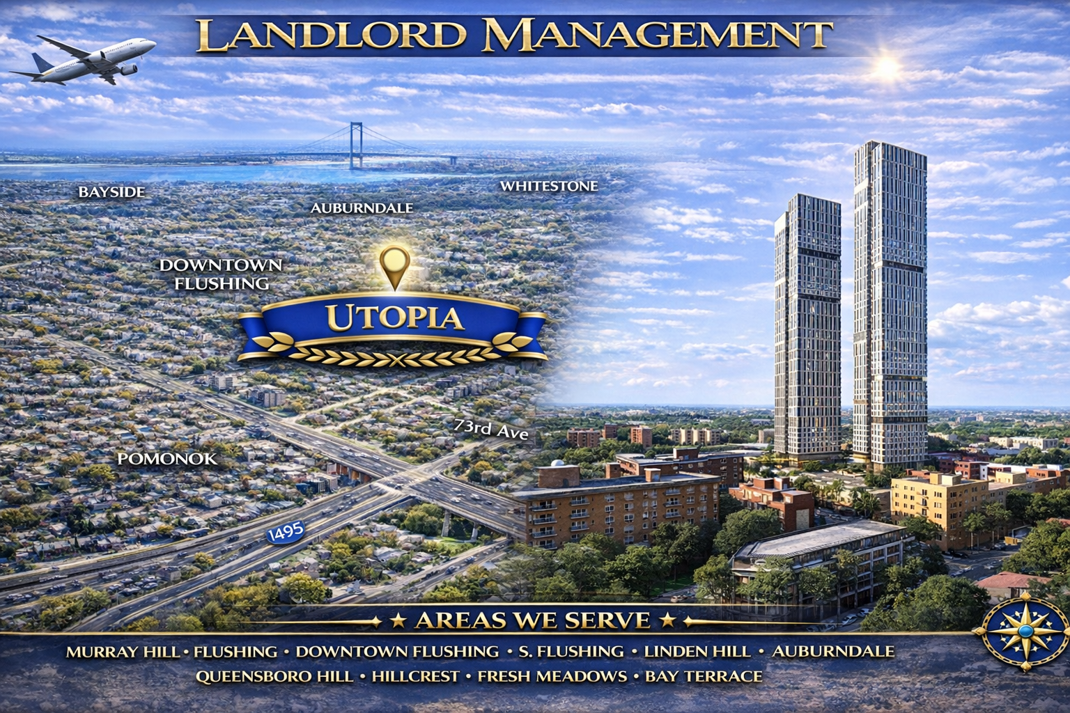 Landlord Management banner highlighting Utopia, Queens with an aerial map labeling Bayside, Auburndale, Whitestone, Downtown Flushing, and Pomonok alongside modern residential high-rise towers near 73rd Avenue and the Long Island Expressway (I-495).