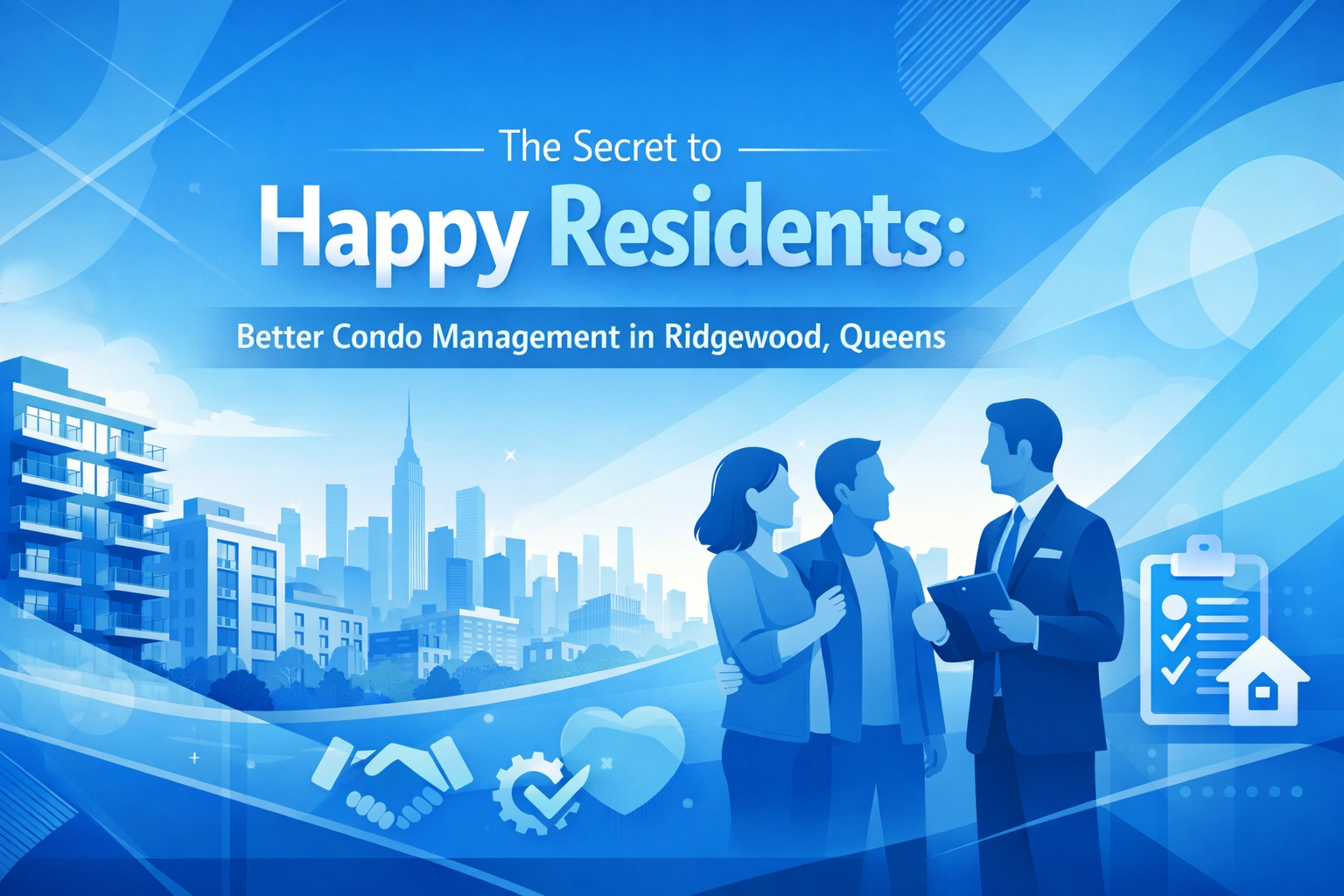 Illustration promoting better condo management services in Ridgewood, Queens with happy residents and city skyline.