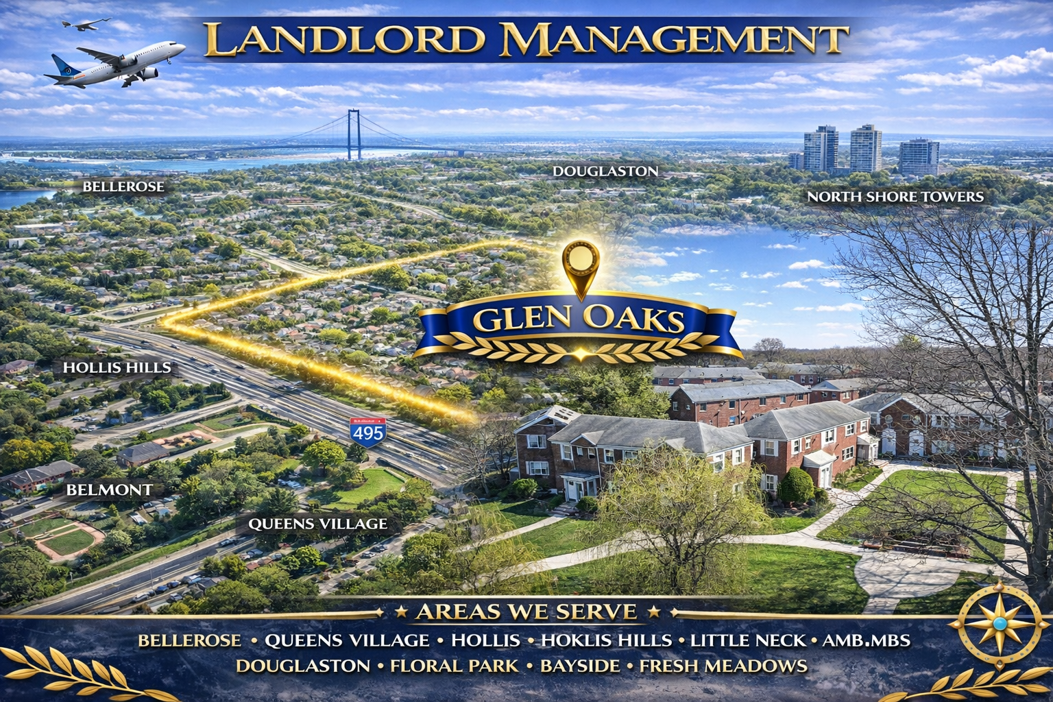 Landlord Management Glen Oaks service area graphic showing residential street and Northeastern Queens map including Glen Oaks, Douglaston, Little Neck, Bellerose, Floral Park, and Queens Village