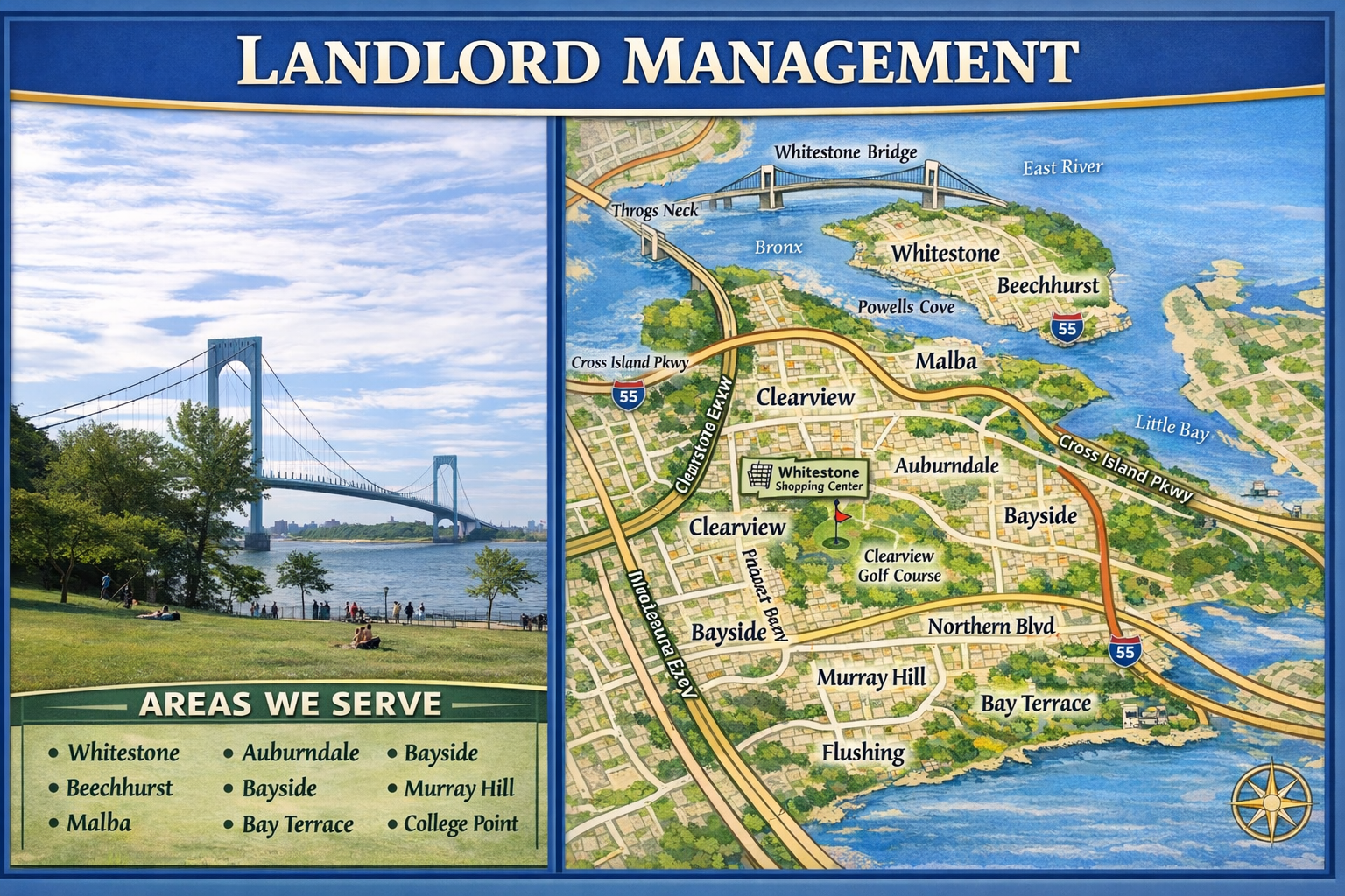 Landlord Management map and Whitestone Bridge image showing Northeastern Queens neighborhoods including Whitestone, Beechhurst, Bayside, Malba, Clearview, Murray Hill, and College Point