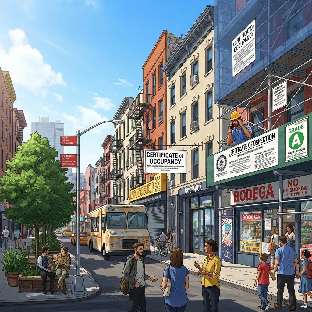 Bushwick street scene highlighting urban living and building compliance themes