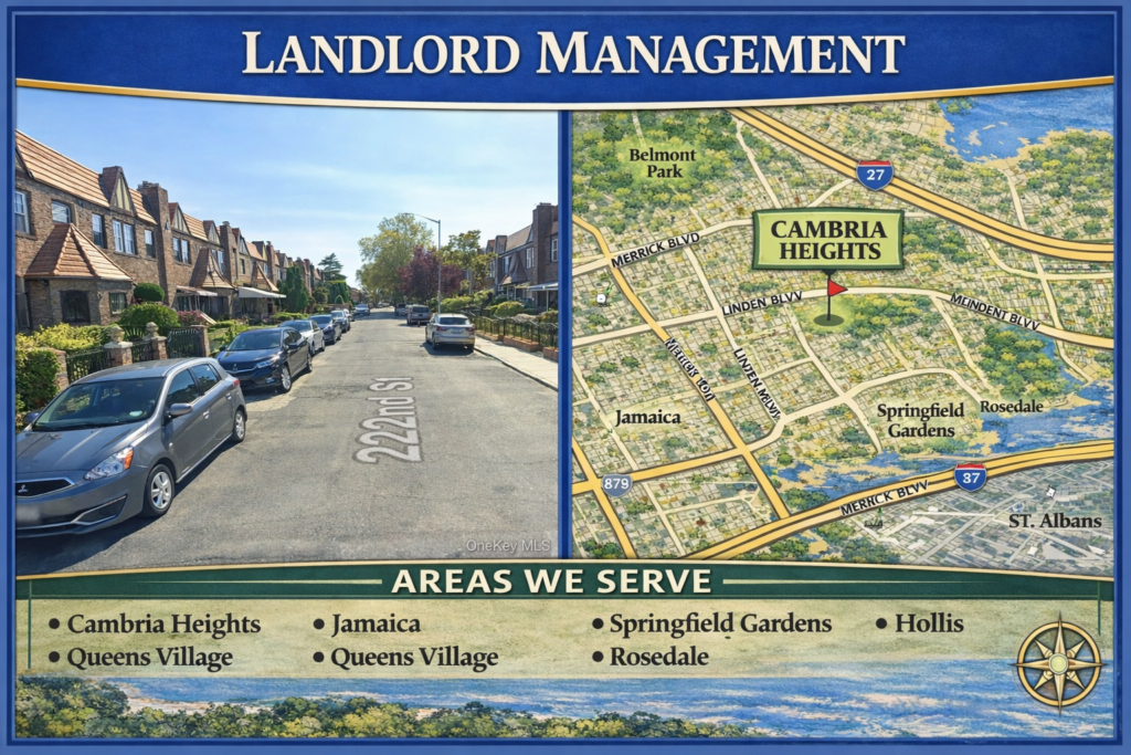Landlord Management Cambria Heights service area graphic showing residential street and Southeastern Queens map including Cambria Heights, Jamaica, Springfield Gardens, Queens Village, Laurelton, Rosedale, and Hollis