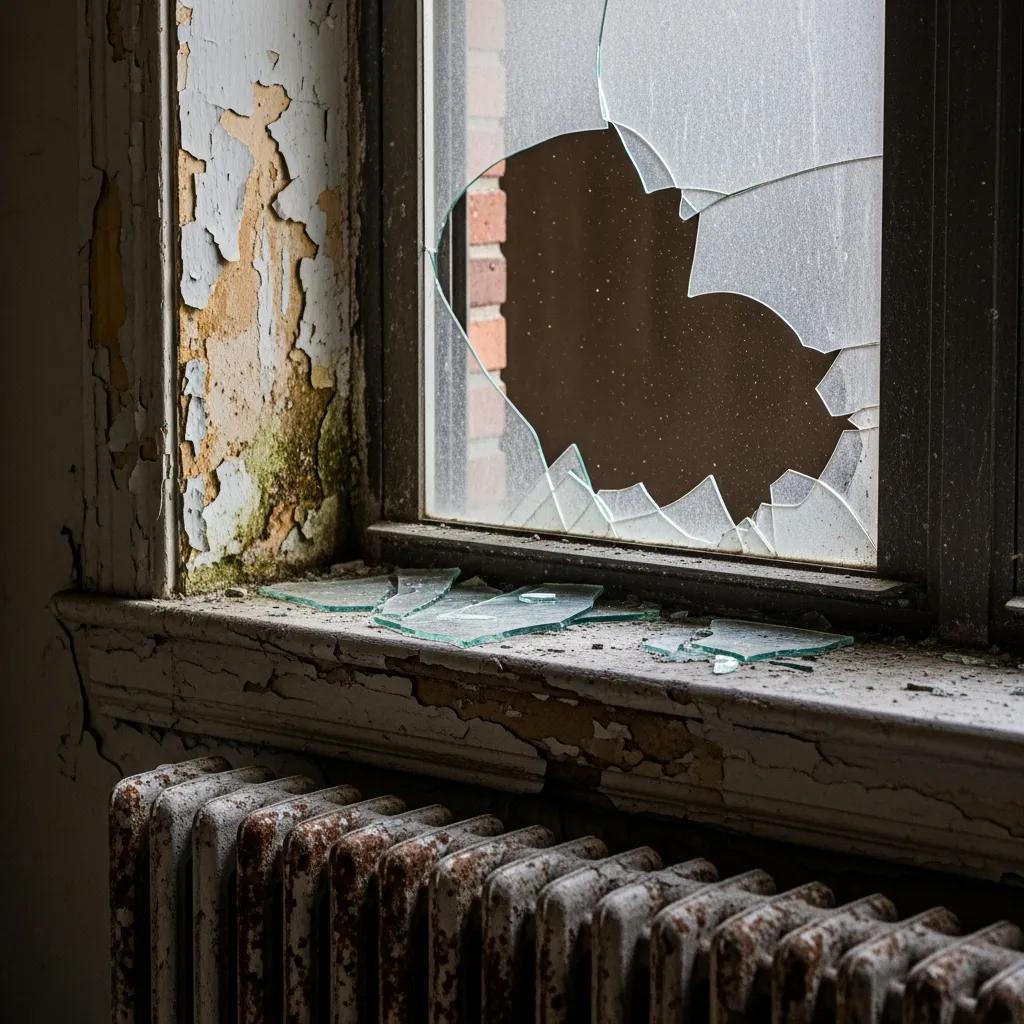 Close-up of common HPD violations including broken window and peeling paint, emphasizing property maintenance