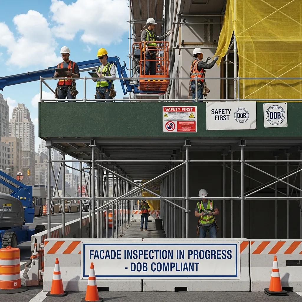 Construction site with workers performing facade inspection for DOB compliance