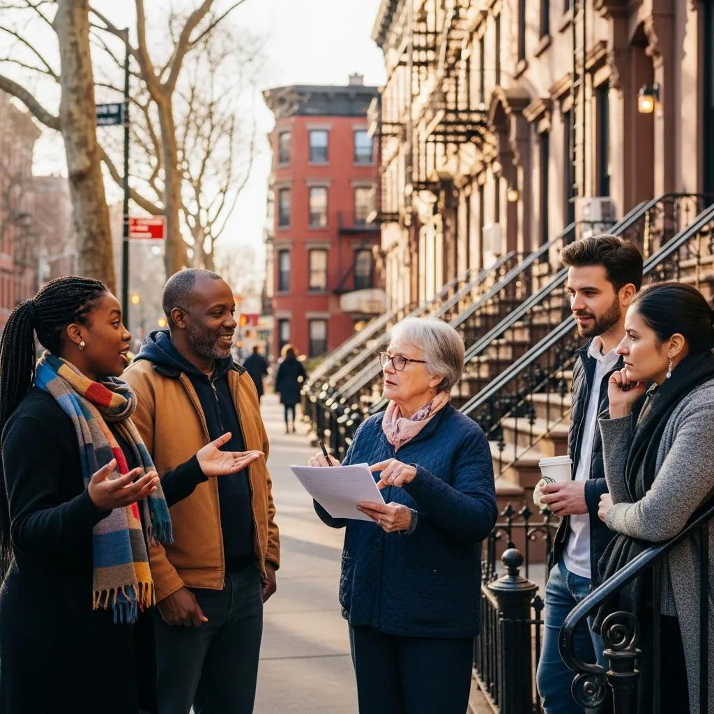 Diverse group discussing building compliance in a Brooklyn neighborhood