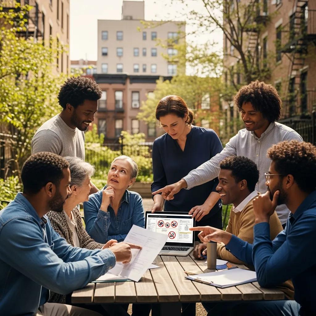 Diverse group discussing building compliance in Crown Heights, Brooklyn