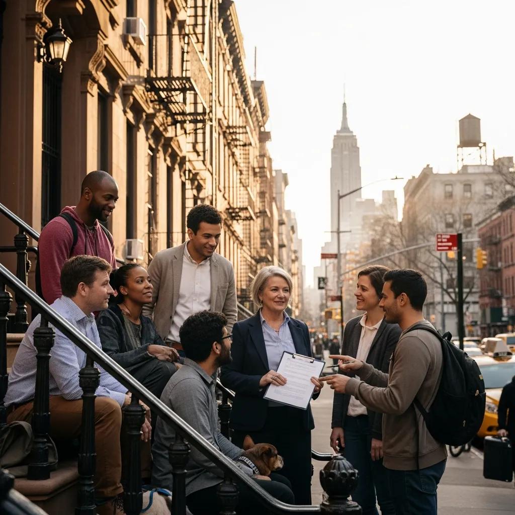 Diverse landlords and tenants discussing rental agreements in a New York City setting