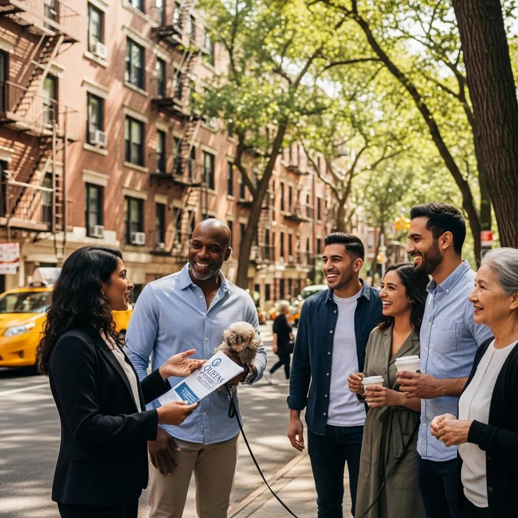 Diverse landlords and tenants engaging in a positive discussion about property management in Queens