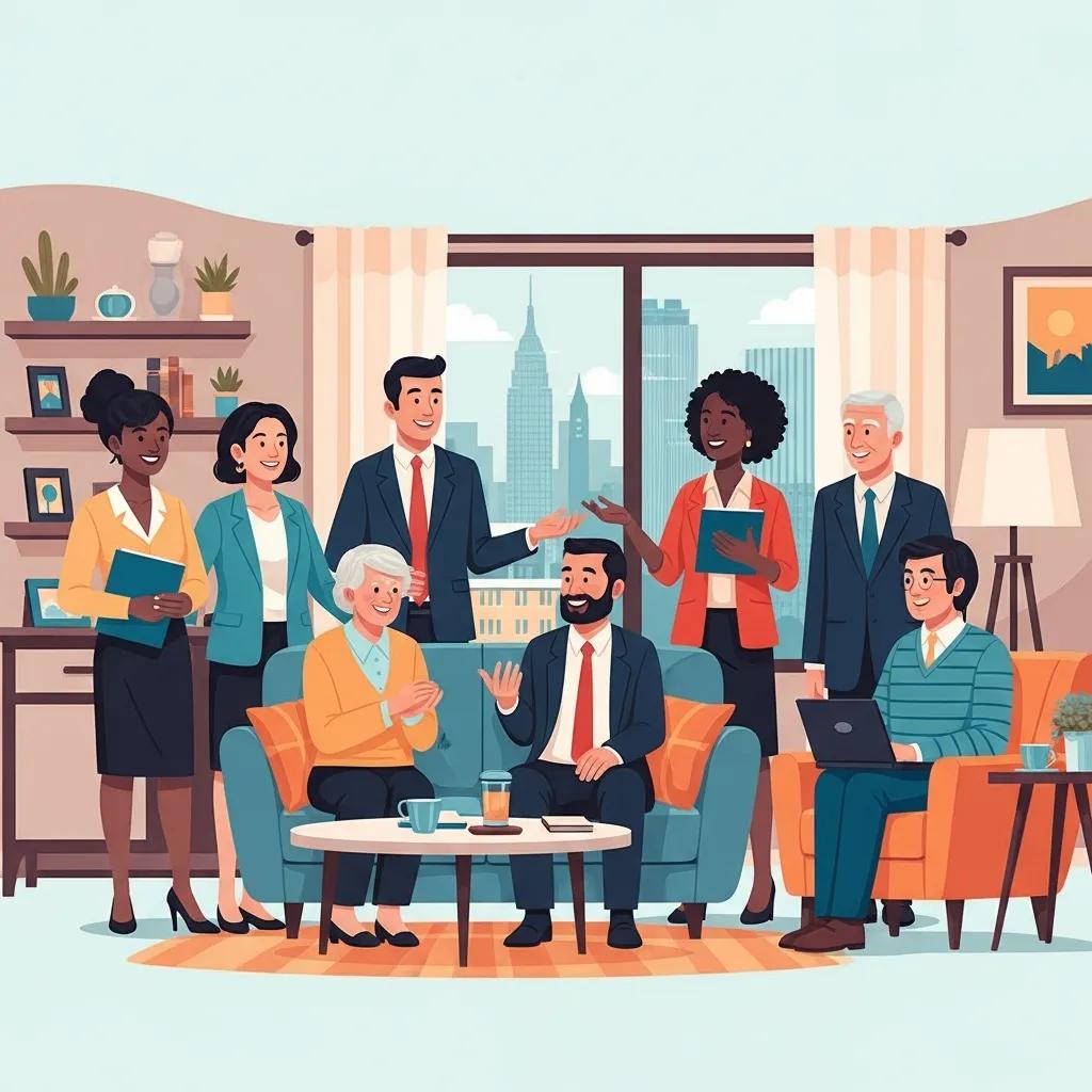 Diverse landlords and tenants interacting positively in a New York City apartment, highlighting community and compliance