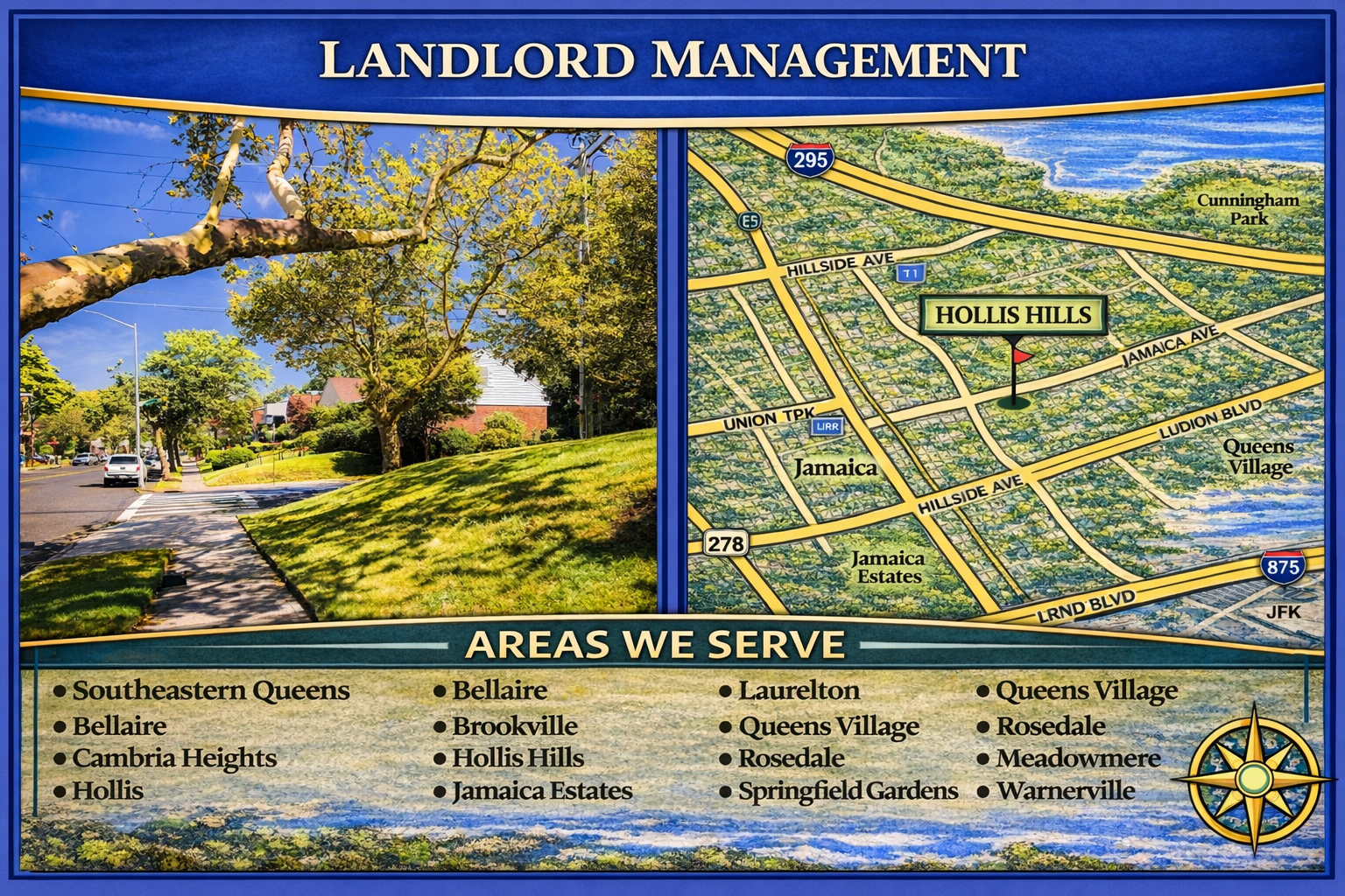 Landlord Management Hollis Hills service area graphic showing residential hillside street and Southeastern Queens map including Hollis Hills, Jamaica Estates, Queens Village, Hollis, Cambria Heights, Laurelton, and Springfield Gardens
