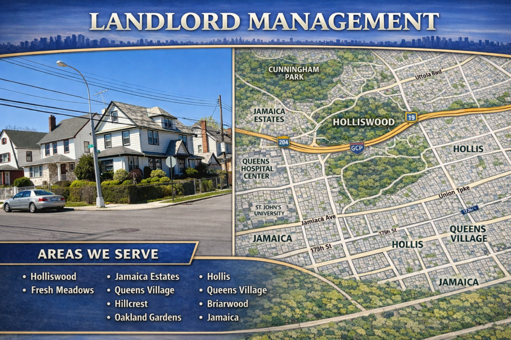 Alt Text Landlord Management graphic showing Holliswood residential homes beside a neighborhood map highlighting Holliswood, Jamaica Estates, Hollis, Queens Village, and nearby southeastern Queens service areas.