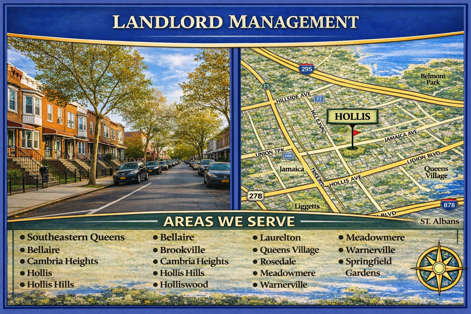 Landlord Management service area graphic showing Hollis residential street and Southeastern Queens map including Hollis, Jamaica, Cambria Heights, Laurelton, Queens Village, Springfield Gardens, St. Albans, and Rosedale