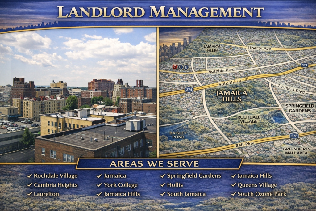 Landlord Management graphic showing Jamaica Hills skyline and residential buildings alongside a detailed southeastern Queens map highlighting Jamaica Hills, Jamaica Estates, Briarwood, and nearby neighborhoods.