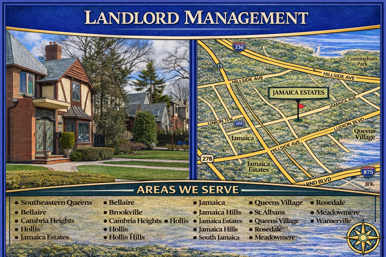 Landlord Management Jamaica Estates service area graphic showing residential homes beside a Southeastern Queens map highlighting Jamaica Estates, Jamaica, Queens Village, Hollis, and nearby neighborhoods