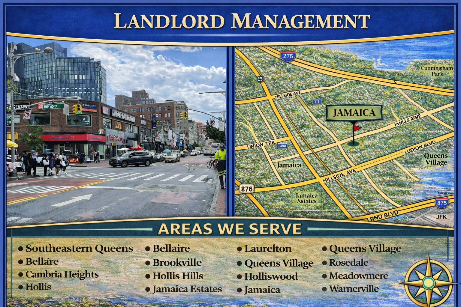Landlord Management Jamaica service area graphic showing downtown Jamaica street scene and Southeastern Queens map including Jamaica, Jamaica Estates, Hollis, Hollis Hills, Queens Village, and Laurelton