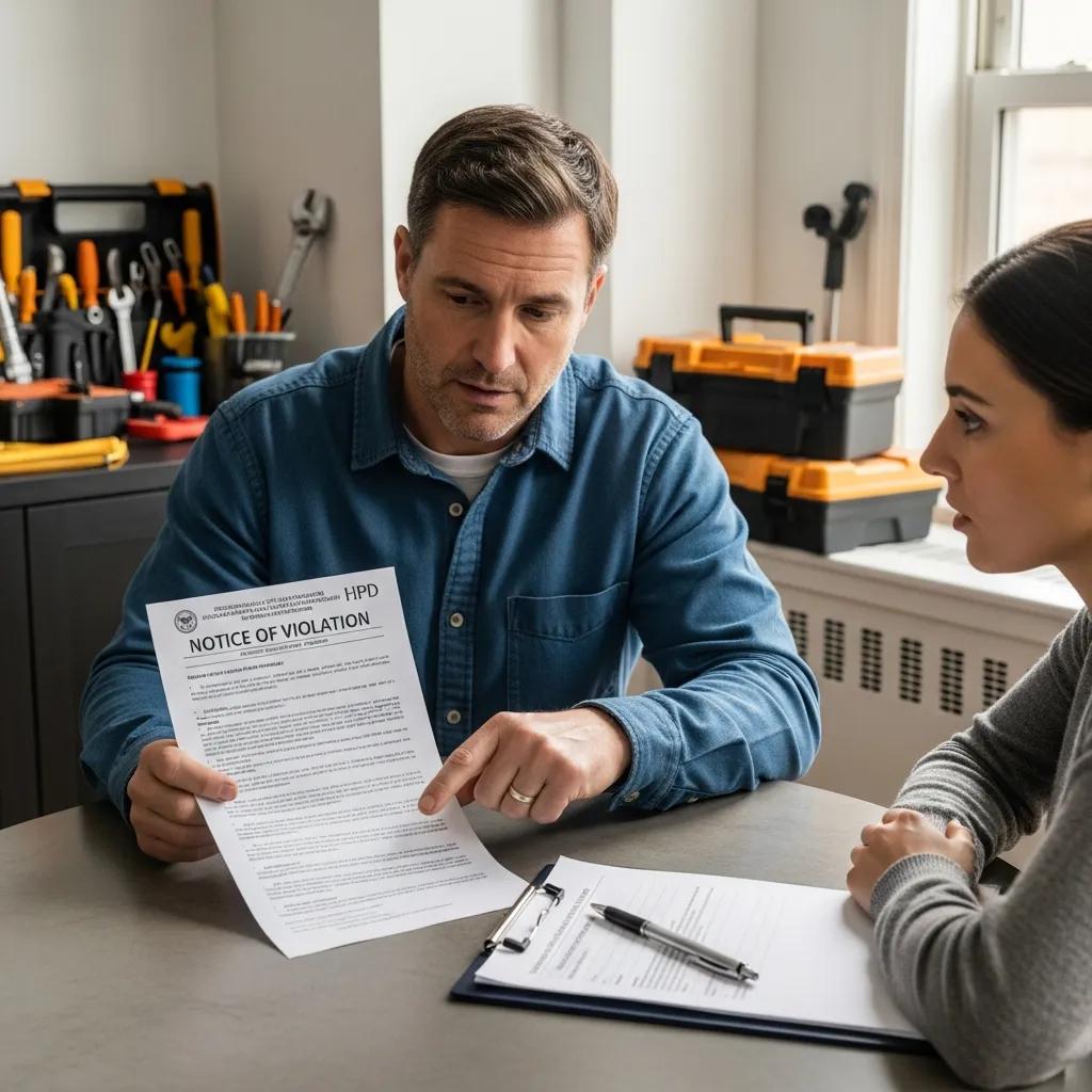 Landlord and tenant discussing HPD violation notice in an apartment