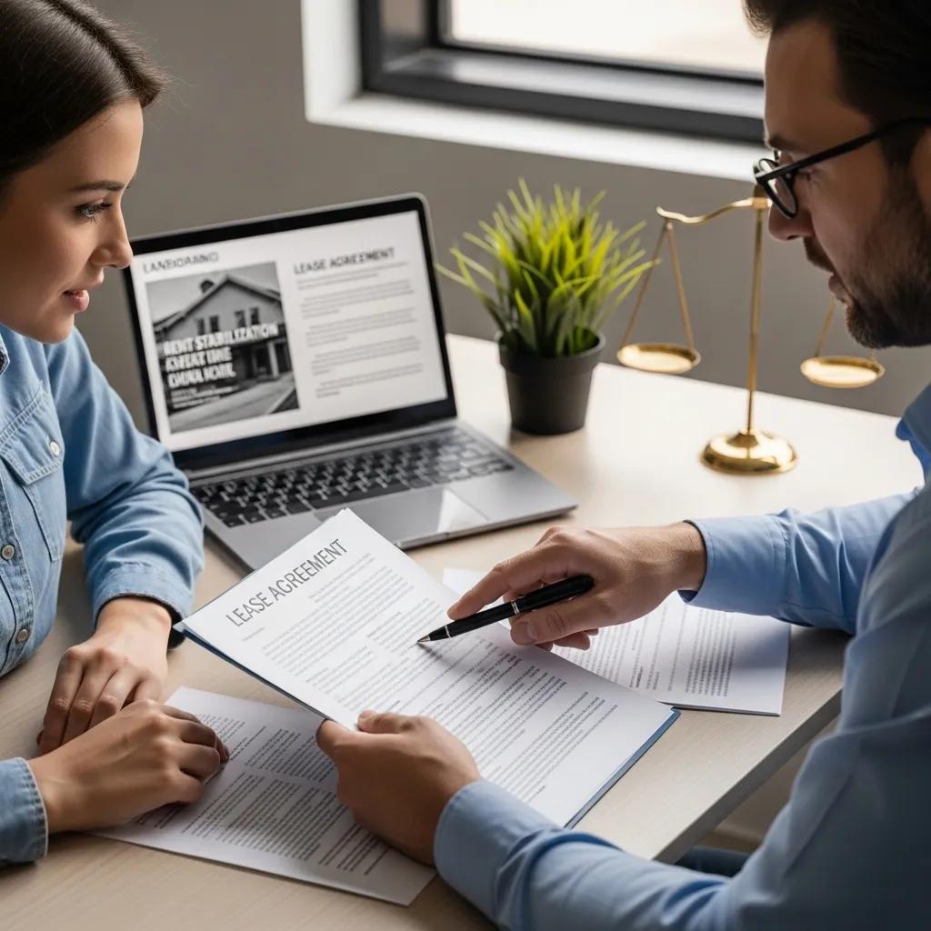Landlord and tenant discussing lease agreement in an office, emphasizing clarity on rent stabilization laws