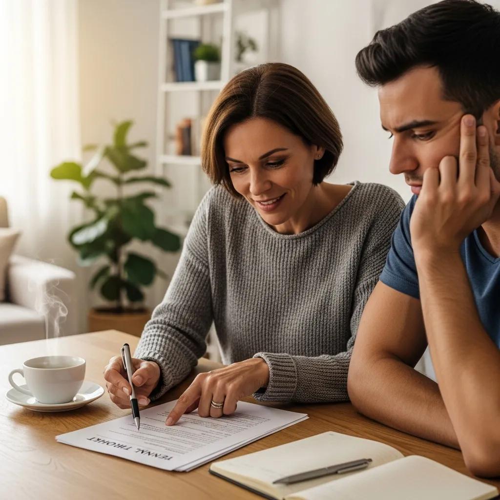 Landlord and tenant reviewing tenant rights documents at a table, highlighting the importance of understanding rights in rent stabilization