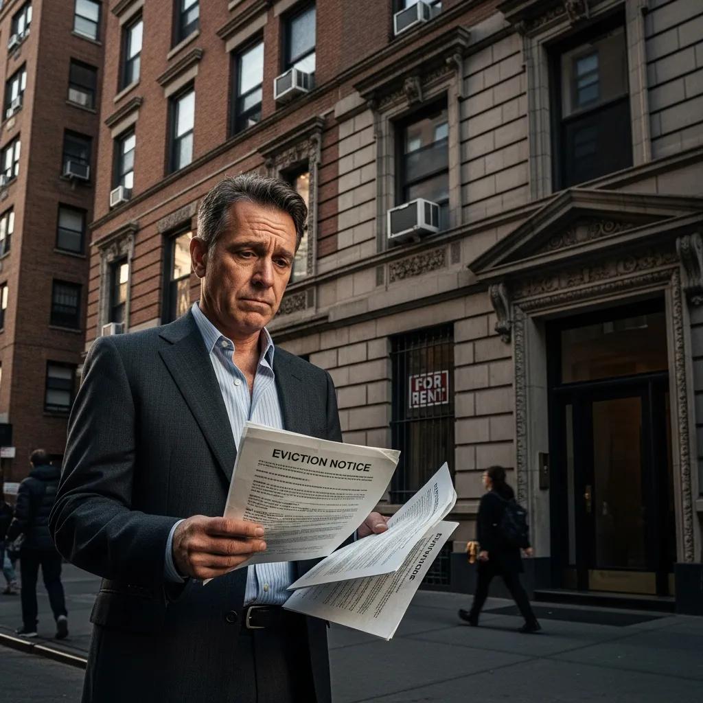 Landlord holding eviction papers in front of a New York City apartment building