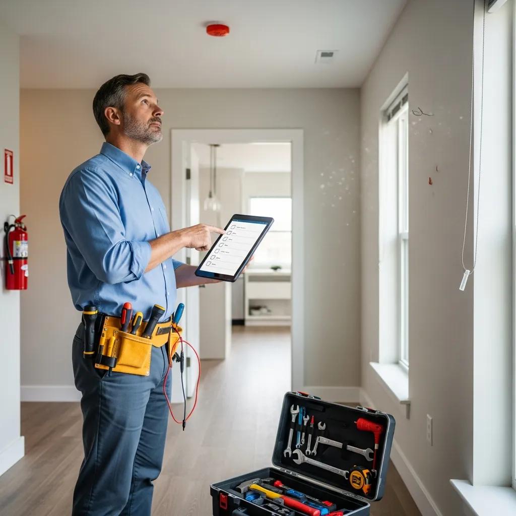 Landlord inspecting a rental property with a checklist and maintenance tools