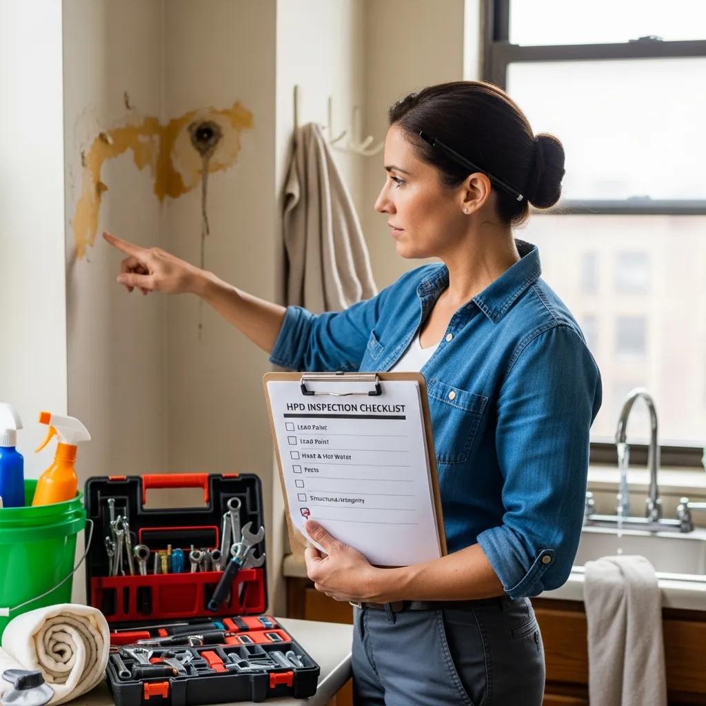 Landlord inspecting property for common HPD violations with checklist