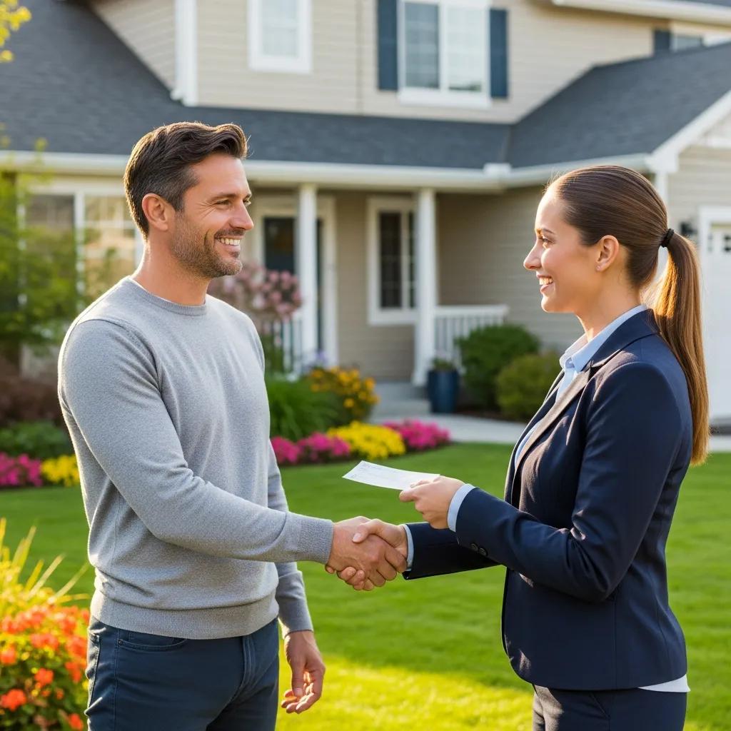 Landlord receiving rent payment from a property manager in front of a rental property