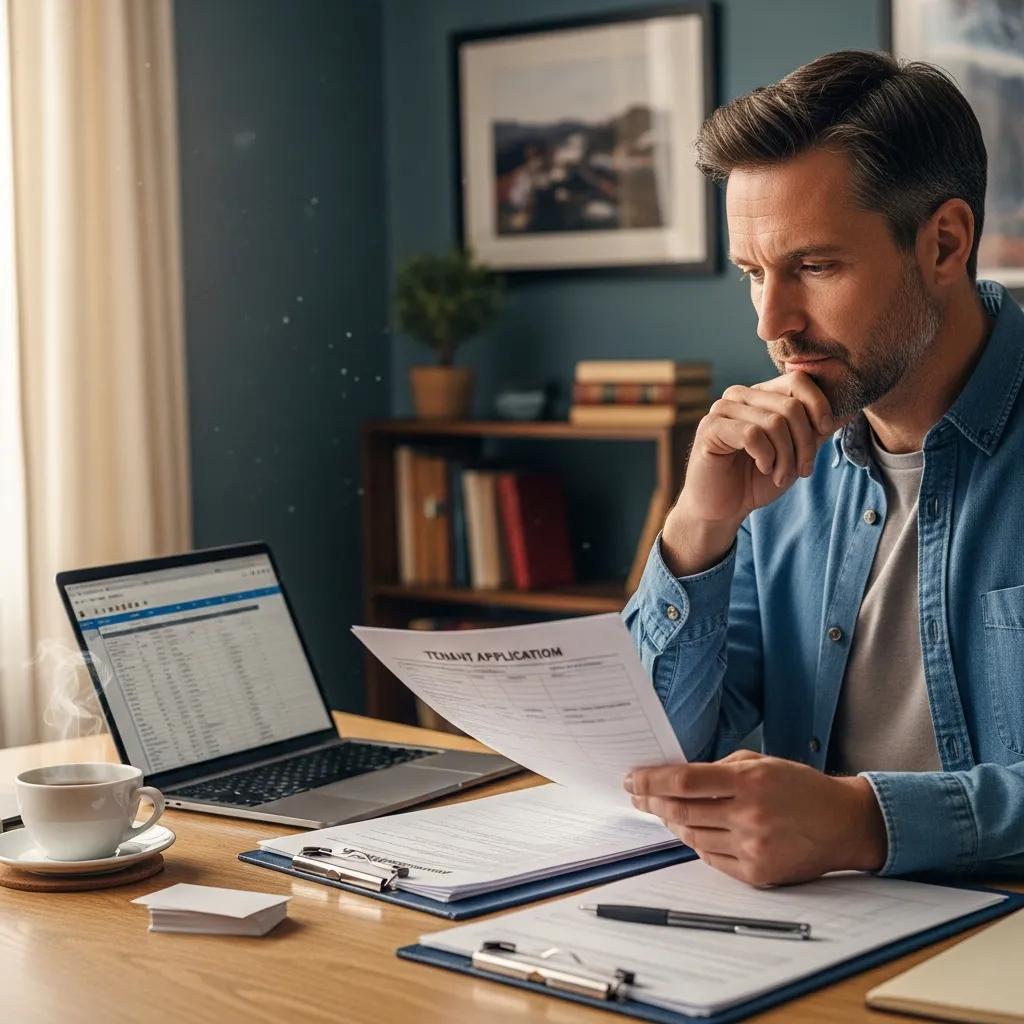 Landlord reviewing tenant applications in a cozy office setting