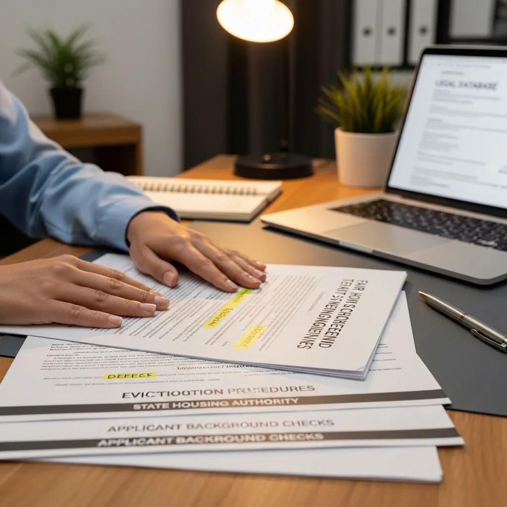 Landlord reviewing tenant screening laws and regulations documents in an office