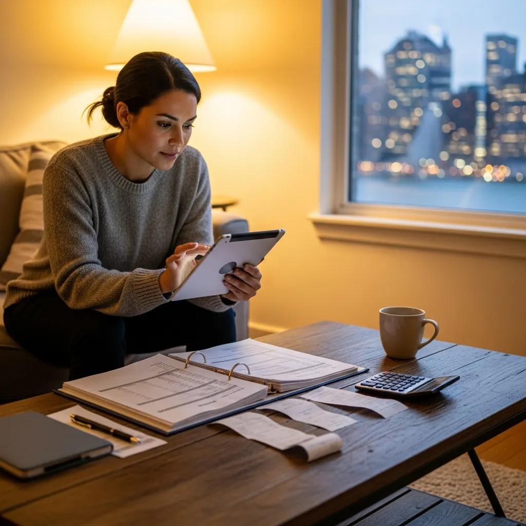 Landlord tracking rental property expenses using a tablet in a cozy living room
