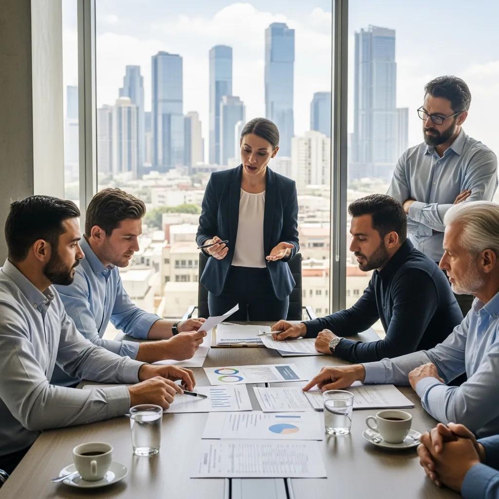 Landlords discussing property management fees in a modern office, highlighting the importance of understanding costs
