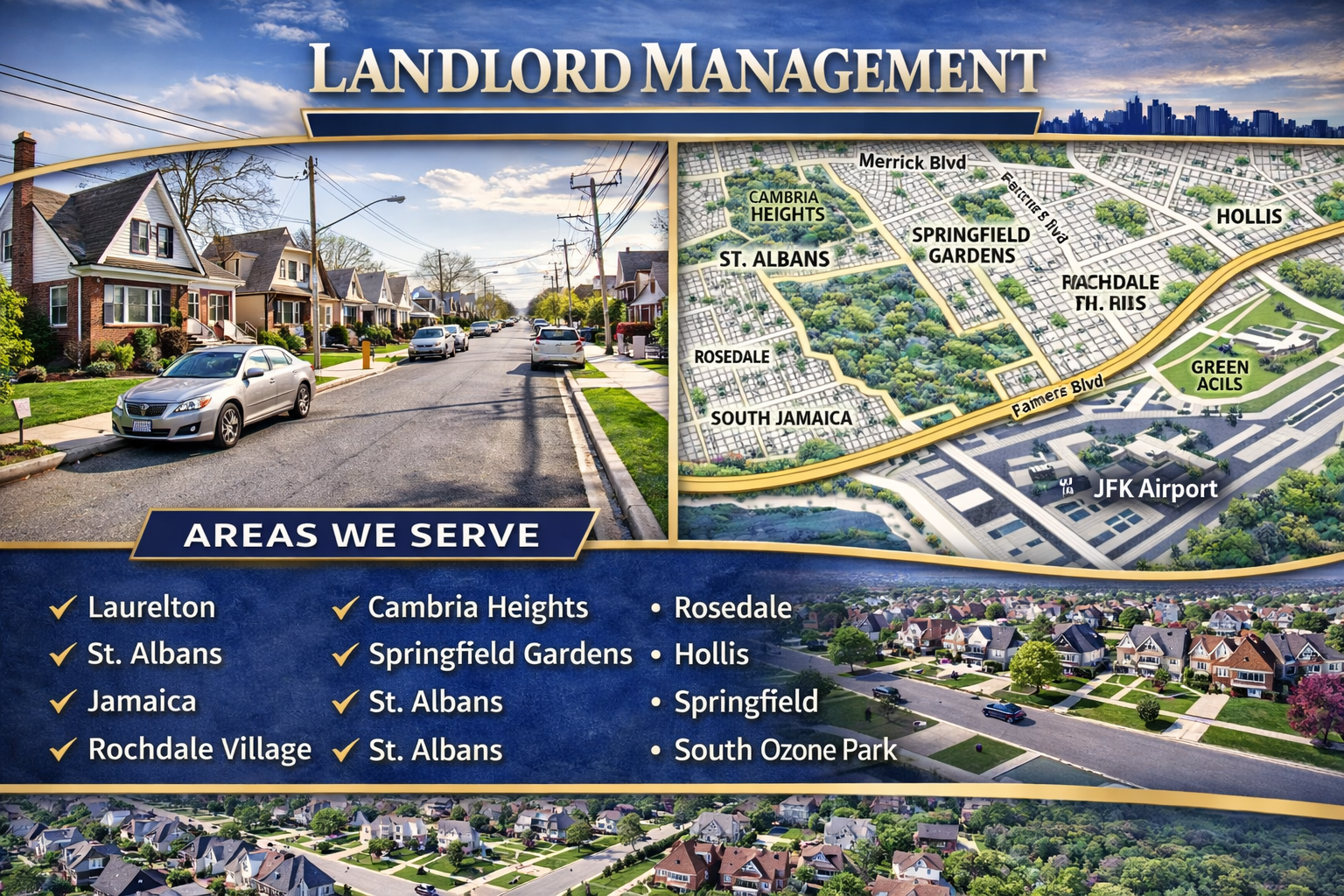Landlord Management graphic showing a Laurelton residential street beside a southeastern Queens service area map highlighting Laurelton, St. Albans, Cambria Heights, Springfield Gardens, Rosedale, and nearby neighborhoods.