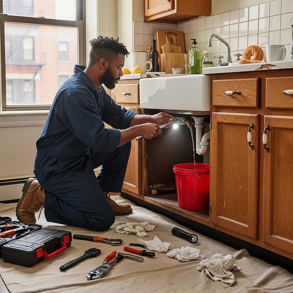 Maintenance technician repairing plumbing in a Brooklyn apartment