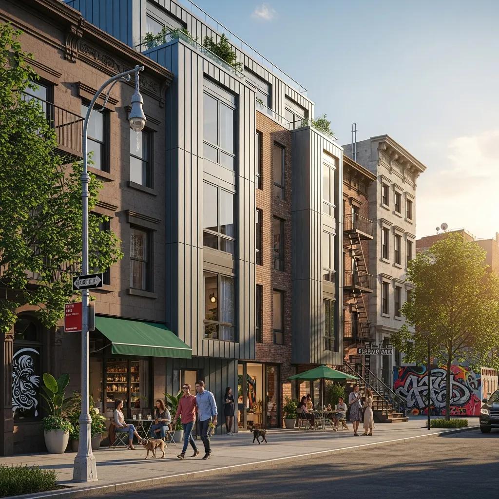 Modern Brooklyn condo and co-op buildings with people enjoying the neighborhood